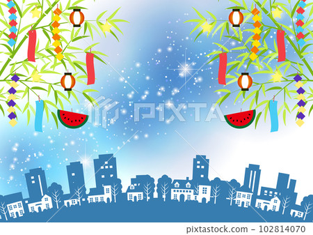 七夕城市景觀水平，兩側有閃閃發光的銀河和七夕裝飾 102814070