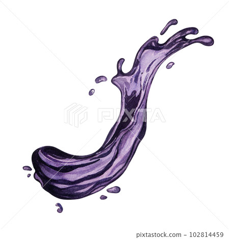Splash juice of purple berries acai watercolor illustration isolated on white. Tropical fruit, violet liquid hand drawn. Design element for packaging, menu, label, drink, ice-cream, tableware 102814459
