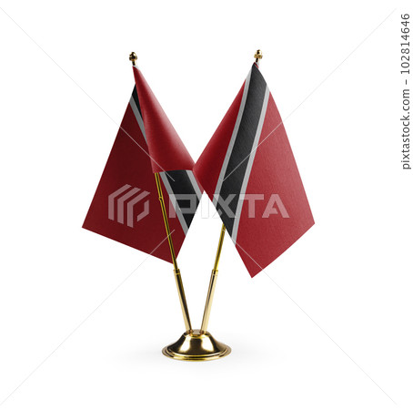 Small national flags of the Trinidad and Tobago on a white background 102814646