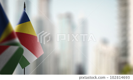 Small flags of the Seychelles on an abstract blurry background Small flags of the Seychelles on an abstract blurry background 102814693
