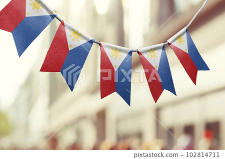 A garland of Philippines national flags on an abstract blurred background 102814711