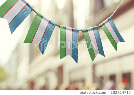 A garland of Uzbekistan national flags on an abstract blurred background A garland of Uzbekistan national flags on an abstract blurred background 102814713