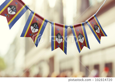 A garland of Swaziland national flags on an abstract blurred background A garland of Swaziland national flags on an abstract blurred background 102814720