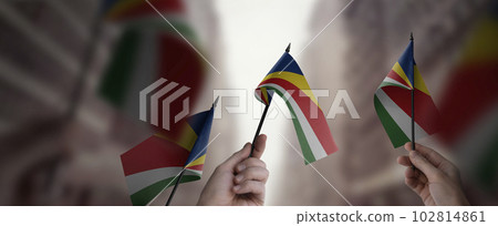A group of people holding small flags of the Seychelles in their hands A group of people holding small flags of the Seychelles in their hands 102814861