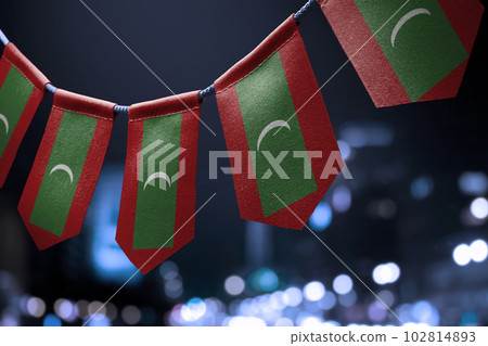 A garland of Maldives national flags on an abstract blurred background 102814893