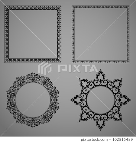 Set of decorative frames Elegant vector element for design in Eastern style, place for text. Floral black and gray borders. Lace illustration for invitations and greeting cards Set of decorative frames Elegant vector element for design in Eastern style, place for text. Floral black and gray borders. Lace illustration for invitations and greeting cards 102815489