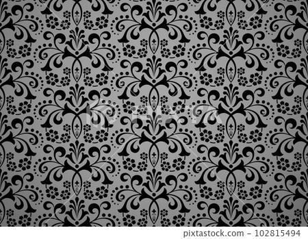 Wallpaper in the style of Baroque. Seamless vector background. Black and gray floral ornament. Graphic pattern for fabric, wallpaper, packaging. Ornate Damask flower ornament 102815494