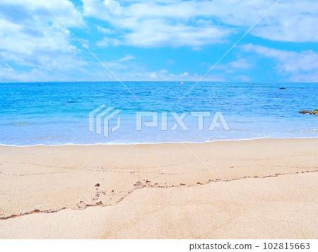 只有海浪聲迴盪的美麗大海，藍天和沙灘 102815663