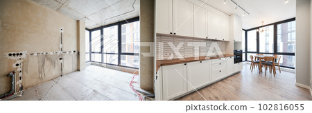 Comparison of old room before restoration and new renovated kitchen with large panoramic window, parquet floor and kitchen furniture. Photo collage of modern apartment before and after renovation. Comparison of old room before restoration and new renovated kitchen with large panoramic window, parquet floor and kitchen furniture. Photo collage of modern apartment before and after renovation. 102816055