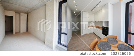 Modern apartment before and after restoration or refurbishment. Comparison of old kitchen room and new place with parquet floor, table, kitchen counter, stove and white walls. Home renovation concept. 102816056