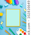 close-up of a paper notebook with blank sheets, a pen, a pencil and a paper clip on a blue background 102816649