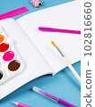 Top view of a flat work desk lies a notebook with blank sheets and stationery. Template for women's blogs in social networks 102816660