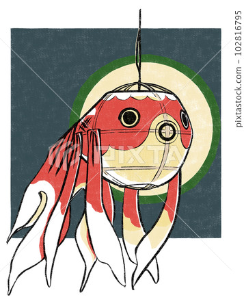 一盞金魚燈在受夜晚啟發的深色背景中點亮，採用木版畫風格。 102816795