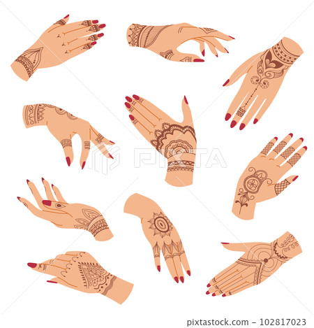 Hands with henna tatto drawing design, vector Hands with henna tatto drawing design, vector 102817023