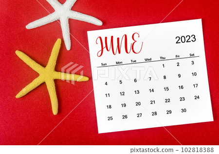 The June 2023 Monthly calendar with Starfish on red background. The June 2023 Monthly calendar with Starfish on red background. 102818388