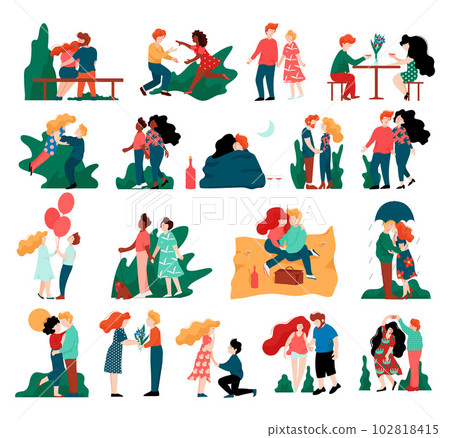 Happy Couple Lovers Meeting, Embracing, Kissing and Dating Vector Set Happy Couple Lovers Meeting, Embracing, Kissing and Dating Vector Set 102818415