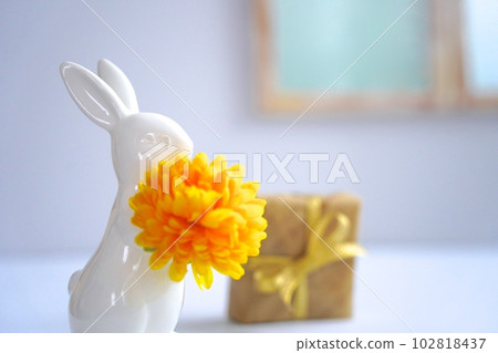 A rabbit giving flowers and presents with gratitude A rabbit giving flowers and presents with gratitude 102818437