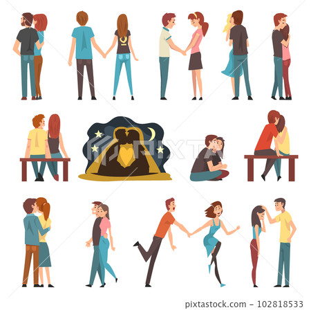 Young Male and Female Couple Feeling Love and Affection Big Vector Set 102818533