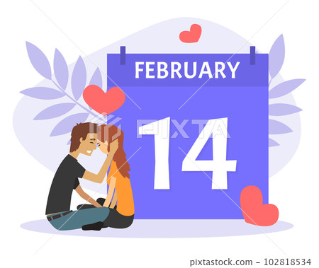 Loving Couple of Man and Woman Sitting Near Block Calendar Vector Illustration 102818534