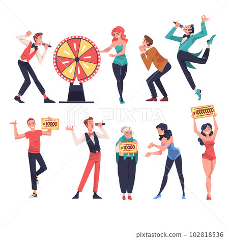 Happy People Character Cheering about Lottery Winning Gaining Lump Sum Vector Illustration Set 102818536
