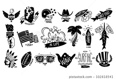 USA Logo Badges and Black Emblems of American Lifestyle Vector Set USA Logo Badges and Black Emblems of American Lifestyle Vector Set 102818541