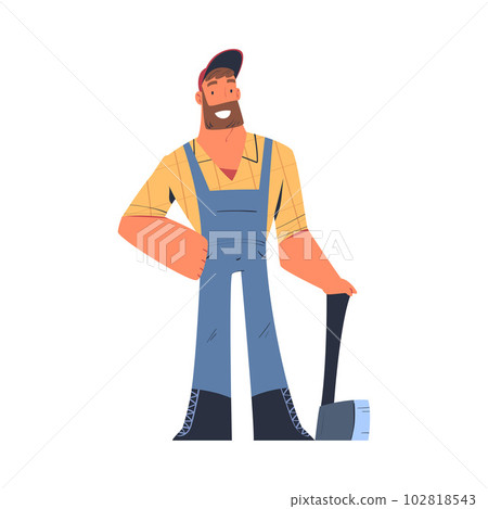 Bearded Man Logger or Lumberjack in Checkered Shirt Standing with Axe Vector Illustration Bearded Man Logger or Lumberjack in Checkered Shirt Standing with Axe Vector Illustration 102818543
