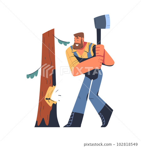 Bearded Man Logger or Lumberjack in Checkered Shirt Cutting Tree Trunk with Saw Vector Illustration 102818549