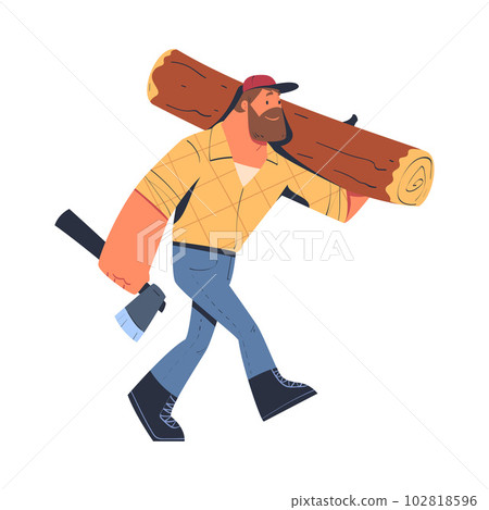 Bearded Man Logger or Lumberjack in Checkered Shirt Carrying Log and Axe Vector Illustration Bearded Man Logger or Lumberjack in Checkered Shirt Carrying Log and Axe Vector Illustration 102818596
