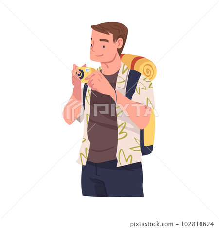 Young Man with Camera Engaged in Local Tourism Wearing Backpack and Hiking Vector Illustration Young Man with Camera Engaged in Local Tourism Wearing Backpack and Hiking Vector Illustration 102818624