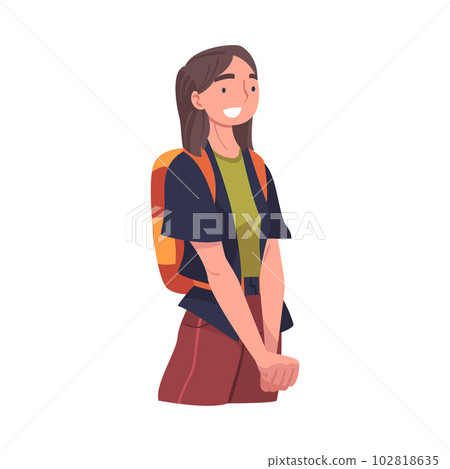 Young Woman Character Engaged in Local Tourism Wearing Backpack and Hiking Vector Illustration Young Woman Character Engaged in Local Tourism Wearing Backpack and Hiking Vector Illustration 102818635