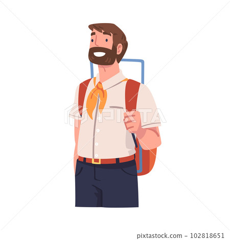 Young Bearded Man Character Engaged in Local Tourism Wearing Backpack and Hiking Vector Illustration Young Bearded Man Character Engaged in Local Tourism Wearing Backpack and Hiking Vector Illustration 102818651