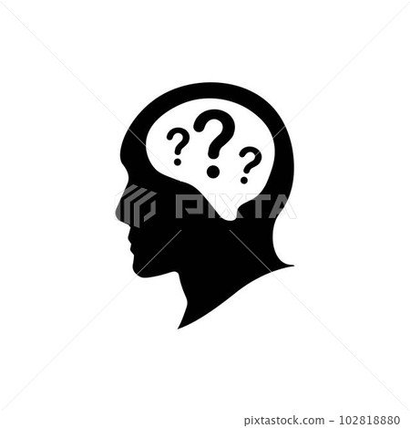 The silhouette of a head with a question mark. Problem. Question. a simple black and white icon. Vector illustration. 102818880