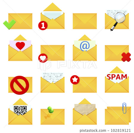 Letter envelope icon set. Set various email icons in flat style. 102819121