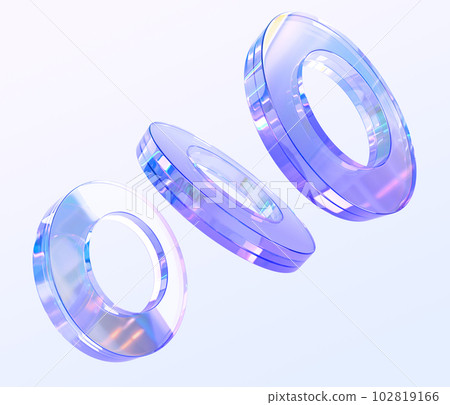 Glass iridescent rings with hologram gradient texture 3d render. Flying abstract geometric shapes, rainbow crystal transparent objects, graphic design elements isolated on background. 3D illustration Glass iridescent rings with hologram gradient texture 3d render. Flying abstract geometric shapes, rainbow crystal transparent objects, graphic design elements isolated on background. 3D illustration 102819166