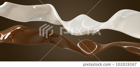 Stream of milk and hot chocolate, white and brown wave lines with liquid glossy molten texture 3d render. Abstract background with flow of coffee and cream isolated on dark background. 3D illustration Stream of milk and hot chocolate, white and brown wave lines with liquid glossy molten texture 3d render. Abstract background with flow of coffee and cream isolated on dark background. 3D illustration 102819167