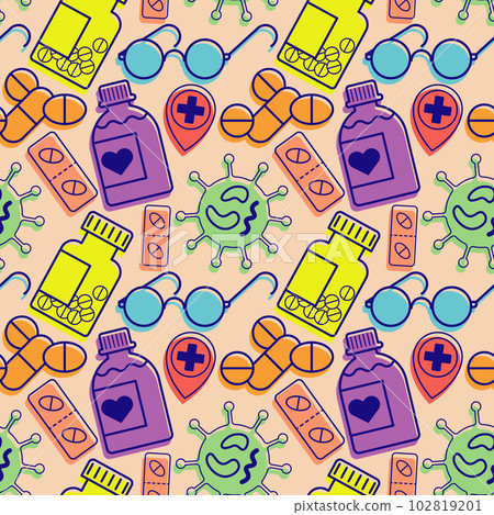 medical pattern with elements of pills, virus, glasses, bottle and geo location 102819201