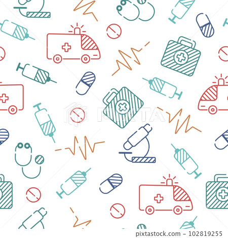 Seamless pattern with colored outline icons medicine ambulance injections Seamless pattern with colored outline icons medicine ambulance injections 102819255