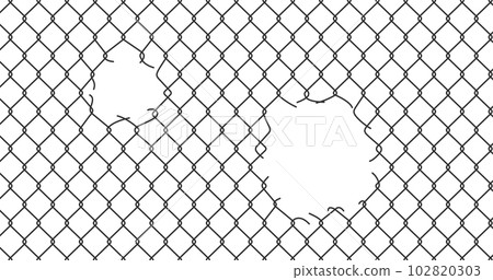 Broken wire mesh fence. Rabitz or chain link fence with cut hole. Torn wire pirson mesh texture. Cut metal lattice grid. Vector illustration isolated on white background 102820303