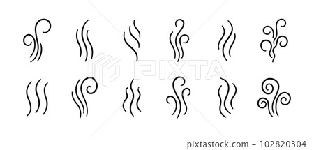Doodle smoke icons set. Water steam symbols. Hand drawn hot vapors. Line air smell symbols. Doodle fire smoke icons. Vector illustration isolated on white background 102820304