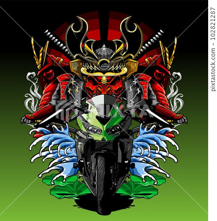 a sports motorbike made in japan with japanese warrior background a sports motorbike made in japan with japanese warrior background 102821287