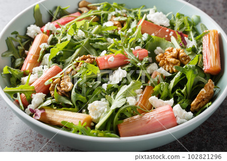 Healthy spring salad with baked rhubarb, arugula, goat cheese and walnuts close-up in a bowl. Horizontal Healthy spring salad with baked rhubarb, arugula, goat cheese and walnuts close-up in a bowl. Horizontal 102821296