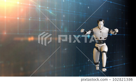 Futuristic world robots are running. Presentation of technology with robots. 3d rendering action of robot. Futuristic world robots are running. Presentation of technology with robots. 3d rendering action of robot. 102821386