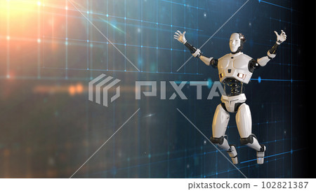 Futuristic world robots are running. Presentation of technology with robots. 3d rendering action of robot. Futuristic world robots are running. Presentation of technology with robots. 3d rendering action of robot. 102821387