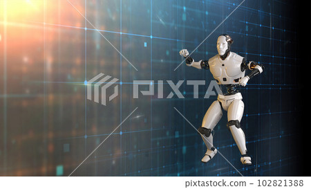Futuristic world robots are running. Presentation of technology with robots. 3d rendering action of robot. Futuristic world robots are running. Presentation of technology with robots. 3d rendering action of robot. 102821388