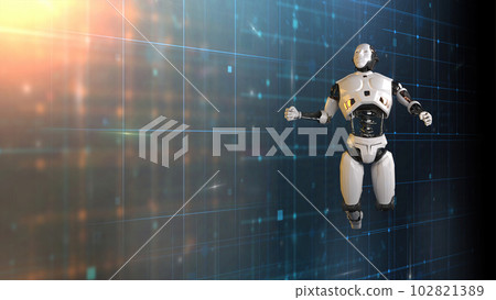 Futuristic world robots are running. Presentation of technology with robots.  3d rendering action of robot. 102821389