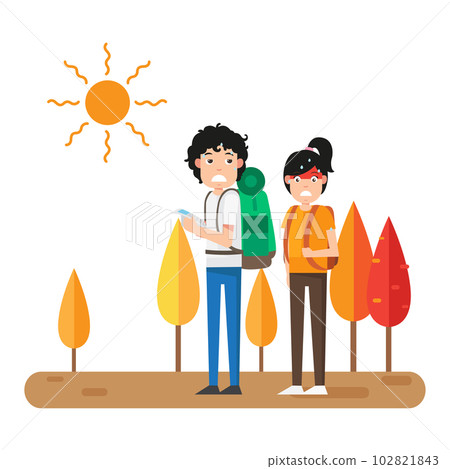 Hot weather.Woman and man camping together in nature vector illustration Hot weather.Woman and man camping together in nature vector illustration 102821843