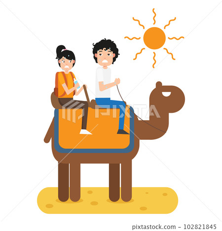 Hot weather.man and woman riding camel vector illustration. Hot weather.man and woman riding camel vector illustration. 102821845