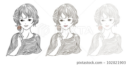 帶化妝刷的美女手繪簡單矢量線條藝術三色套裝 102821903