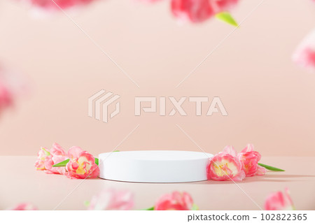 Abstract empty white podium on pink background. Mock up stand for product presentation. 3D Render. Minimal concept. Advertising template Abstract empty white podium on pink background. Mock up stand for product presentation. 3D Render. Minimal concept. Advertising template 102822365