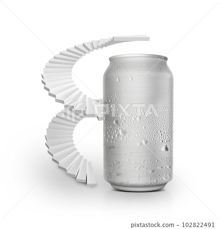 Aluminum can with water droplets sits on a spiral staircase 102822491